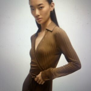 Hugo Boss Brown Ribbed V-Neck Sheath Dress